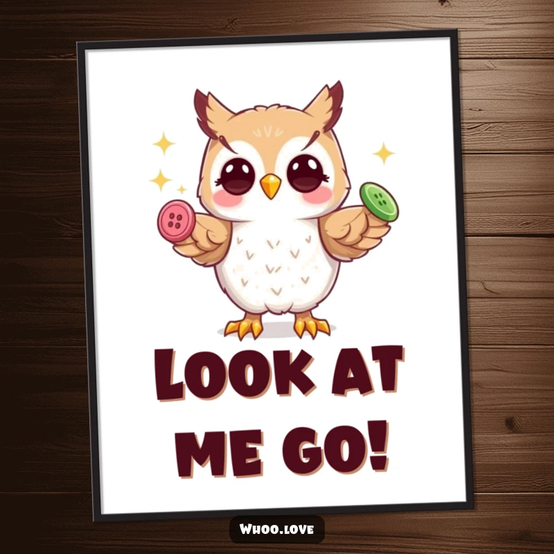 Funny playful owl poster, owl skillfully juggling three shiny buttons with its talons, adding whimsical charm.