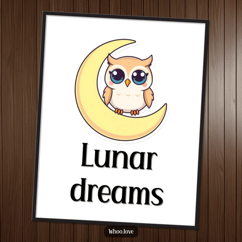 Funny poster art of a small owl with big, curious eyes resting on a crescent moon, creating a whimsical and humorous scene.