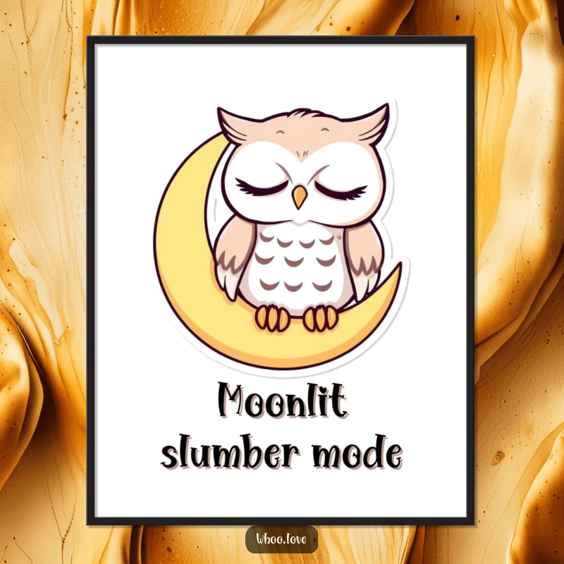 Funny sleepy owl with droopy eyes on a crescent moon, cute nocturnal wall art, charming funny gift for sleepy individuals.