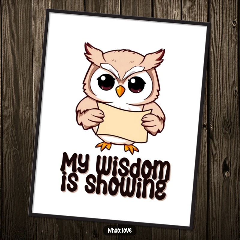 Funny Scholarly Owl Poster: An artistic depiction of a wise owl character holding a scroll, conveying intelligence and a studious nature.