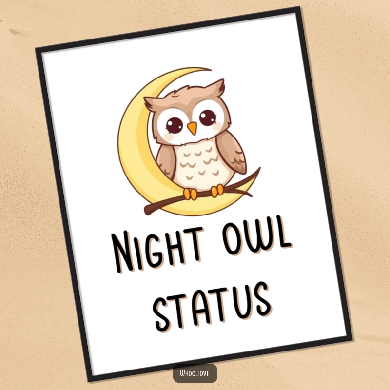 Funny moon owl poster of a happy owl perched on a crescent moon, bringing a humorous and serene celestial vibe to any space.