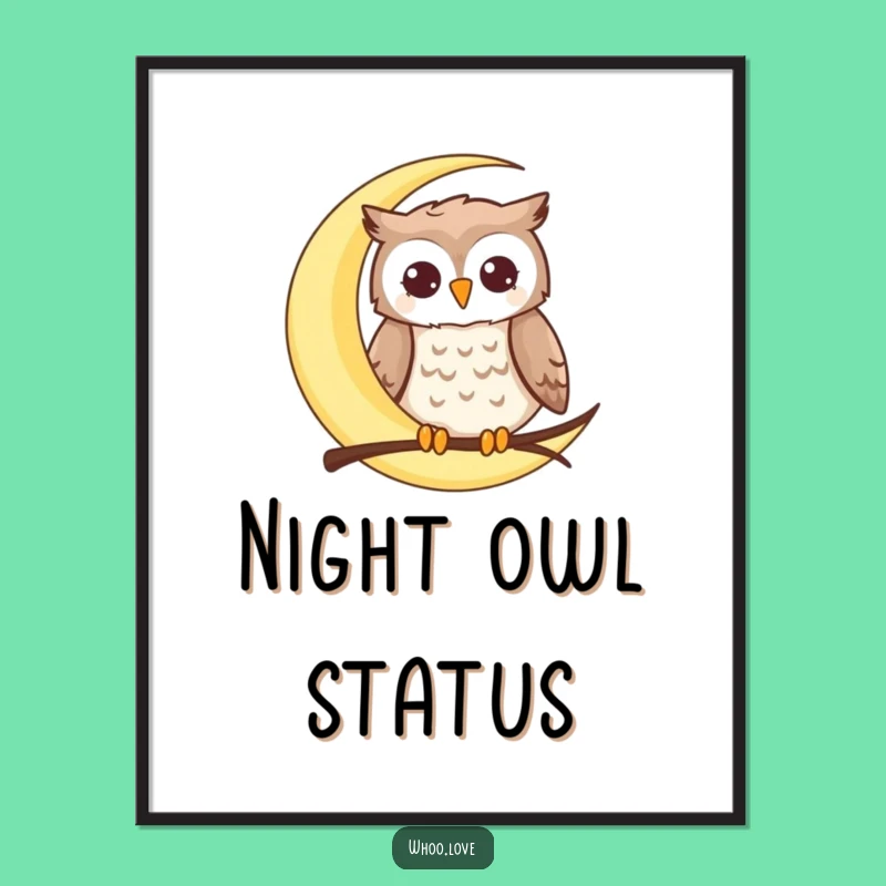 Funny Moon Owl Poster: Happy Perched Owl Celestial Art Print, Humorous Gift