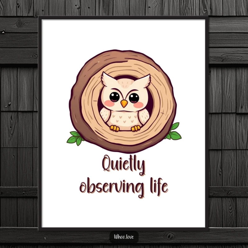 Funny Kawaii owl poster, peeking sweetly from a log with a shy smile. Charming funny gift.