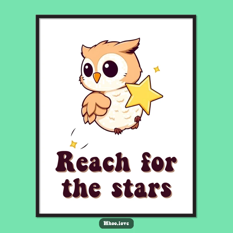 Funny Playful Owl Star Chase Poster: Whimsical Art for Dreamy Spaces