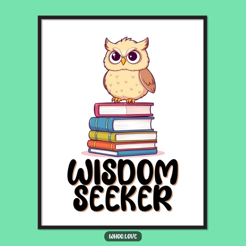 Funny Determined Owl Book Stack Poster: Whimsical Wisdom Art