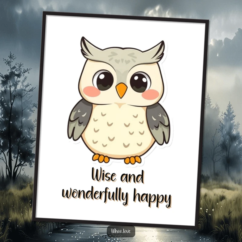 Funny smiling owl character poster, captured mid-hoot with a wide, radiant smile, exuding pure joy and happiness.