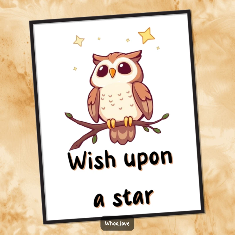 Funny poster art depicting a cheerful owl on a branch, looking up with delight at a vast, starry night sky.