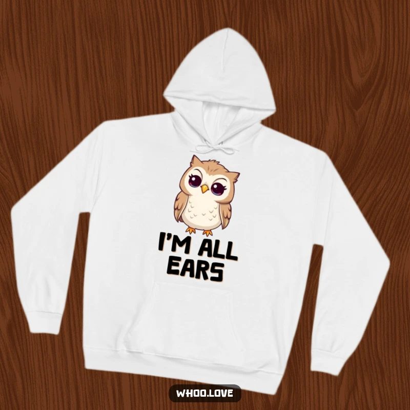 Funny curious owl hoodie, cozy and warm, featuring an owl tilting its head to listen intently, promoting thoughtfulness.