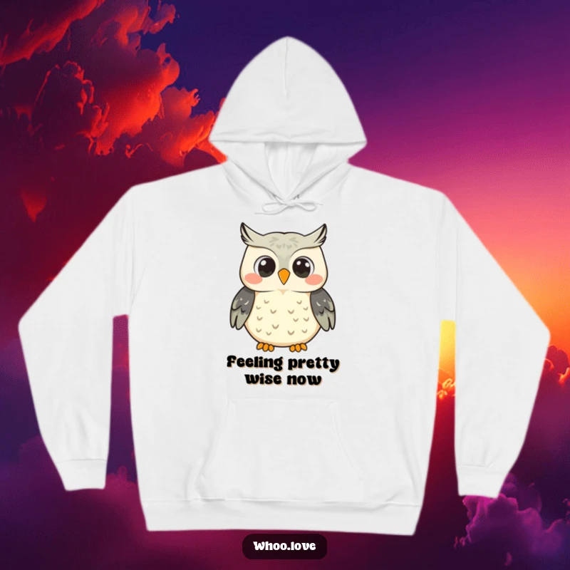 Funny smiling owl character hoodie, shown hooting with a big, happy smile, offering warmth and cheerful comfort.