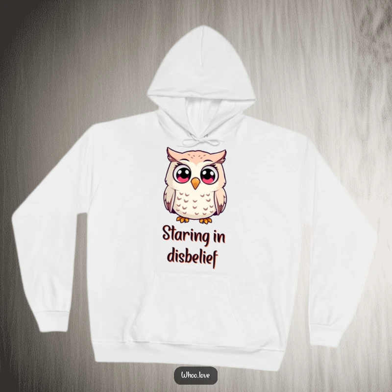 Funny surprised owl character hoodie, depicted with comically wide, shocked eyes, offering warmth and humorous reaction.