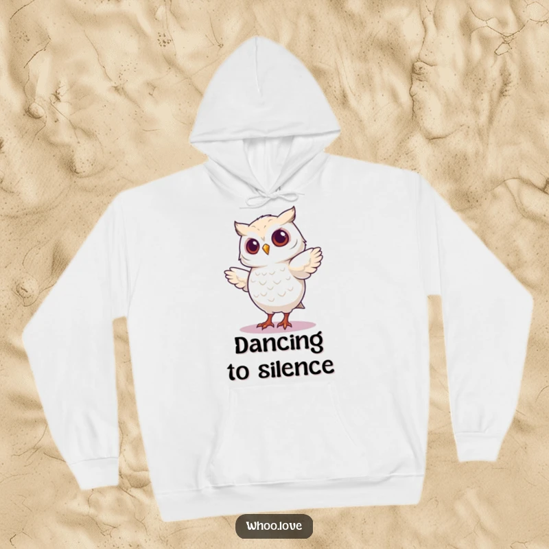 Funny hoodie with a whimsical owl character doing a comical, energetic dance step, radiating happiness.