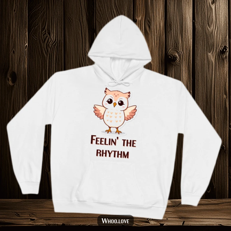 Funny Owl Hoodie featuring an owl performing a silly dance step, perfect for warmth and humor.