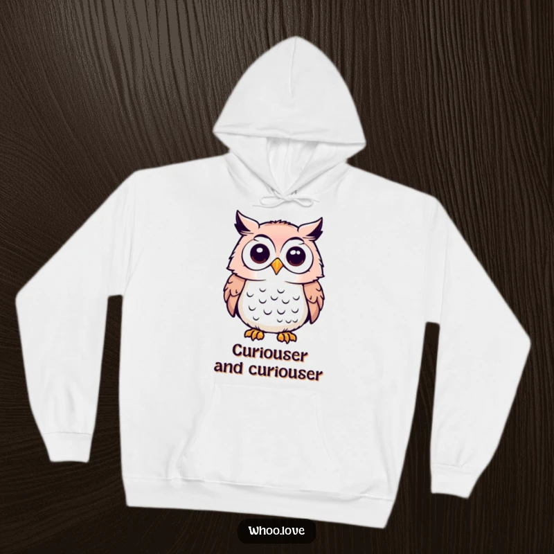 Funny hoodie featuring an owl character with its head tilted, looking thoughtfully at the world with big, curious eyes.