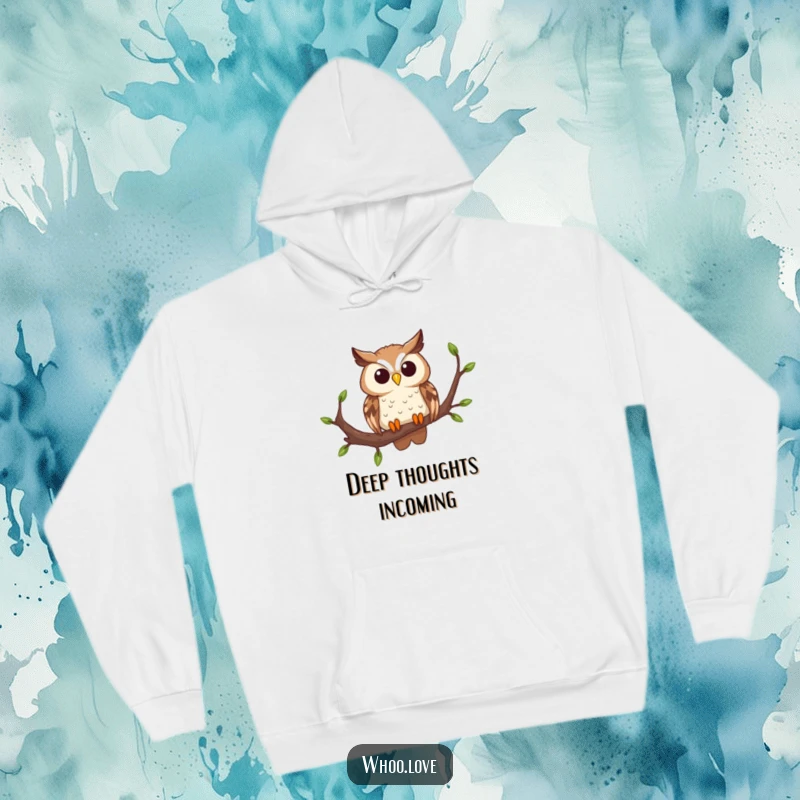 Funny curious owl hoodie, depicting an owl on a branch with head tilted, offering warmth and a touch of playful intellect, great for gifts.