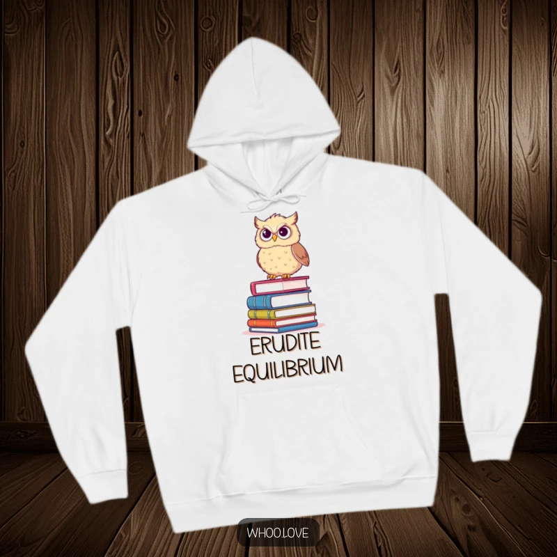 Funny hoodie showcasing a fluffy owl precariously balancing on a stack of books with a determined grin, offering cozy smarts.