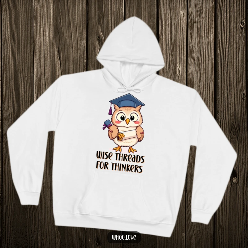 Funny owl character cheerfully holding a graduation scroll, featured on a warm and comfortable hoodie.