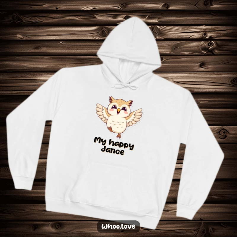 Funny joyful owl hoodie with an owl flapping its wings in energetic celebration, offering cozy comfort and a happy, humorous design.