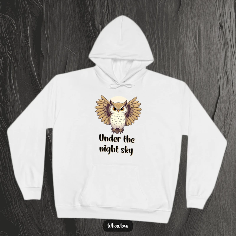 Funny majestic owl with wings spread against a starry night sky, cozy mystical hoodie, ideal funny gift for dreamers.