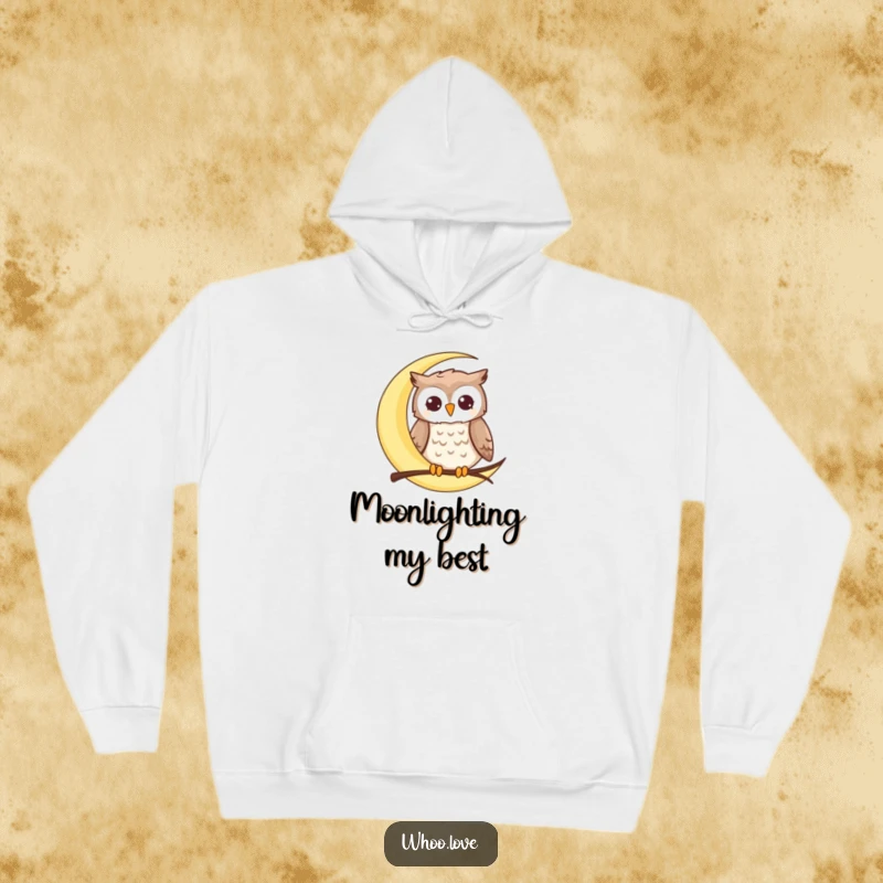 Funny moon owl hoodie with a happy owl perched on a crescent moon, offering cozy comfort and a humorous, celestial design.