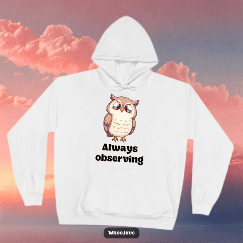 Funny Owl Curiosity Hoodie featuring a wise owl character looking down inquisitively, ideal for warmth and thoughtful vibes.