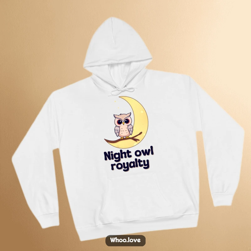 Funny owl on moon hoodie showcasing an owl perched gracefully on a crescent moon. Comfortable and magical nightwear.