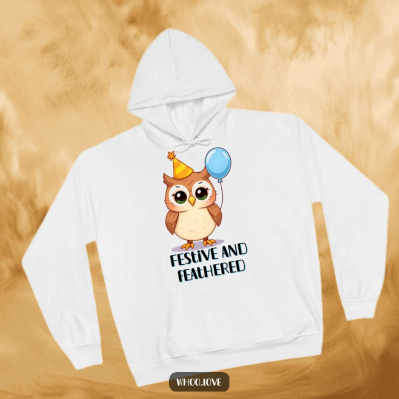 Funny party owl hoodie, depicting an owl in a crooked party hat holding a balloon, offering festive warmth and a humorous design for celebrations.