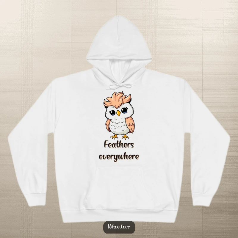 Funny silly owl with ruffled feathers caught in a strong wind gust, cozy chaotic hoodie, ideal funny gift for humor enthusiasts.