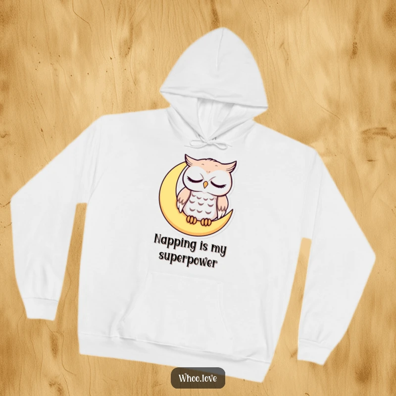 Funny sleepy owl with droopy eyes on a crescent moon, cozy nocturnal hoodie, ideal funny gift for dreamers and night owls.