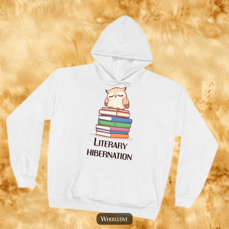 Funny sleepy owl hoodie, depicting an owl dozing on a pile of books, offering warmth and a humorous, intellectual design for ultimate comfort.