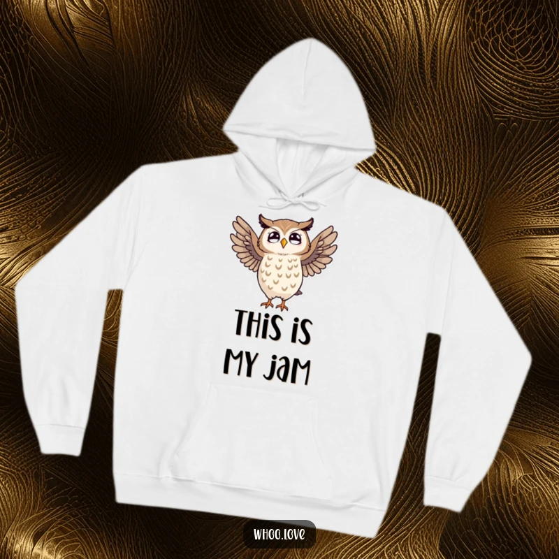 Funny hooded sweatshirt with a striped owl performing a comical dance, wings outstretched, radiating pure fun.