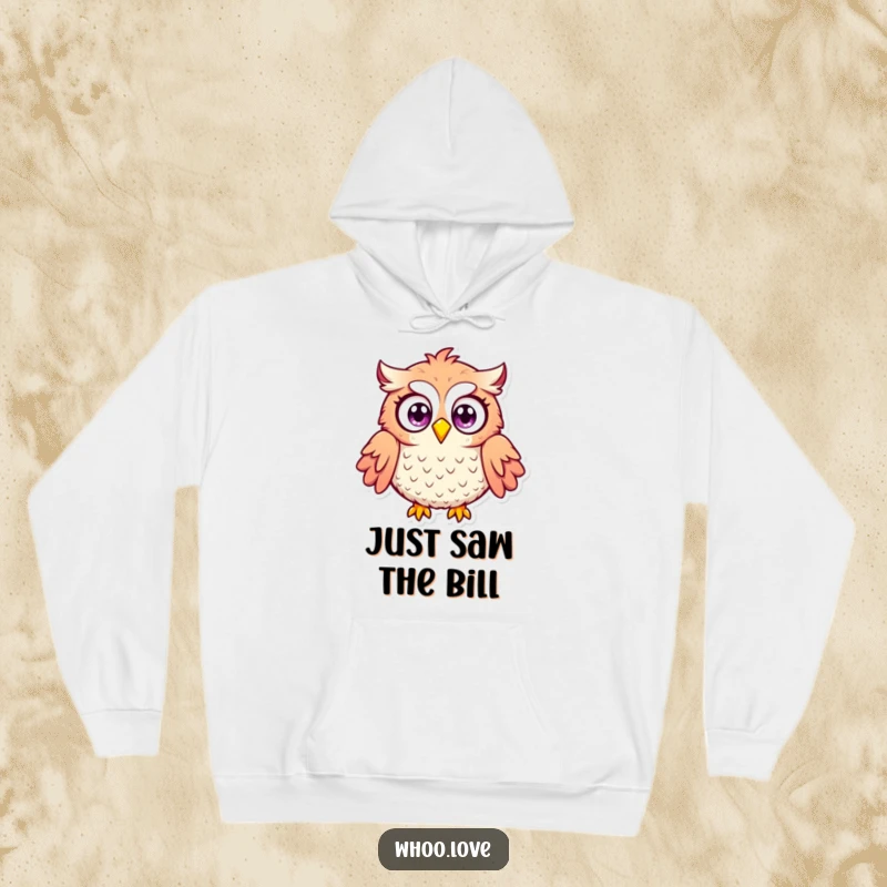 Funny surprised owl hoodie featuring an owl with comically wide eyes and fluffed feathers, perfect for capturing moments of humorous shock.
