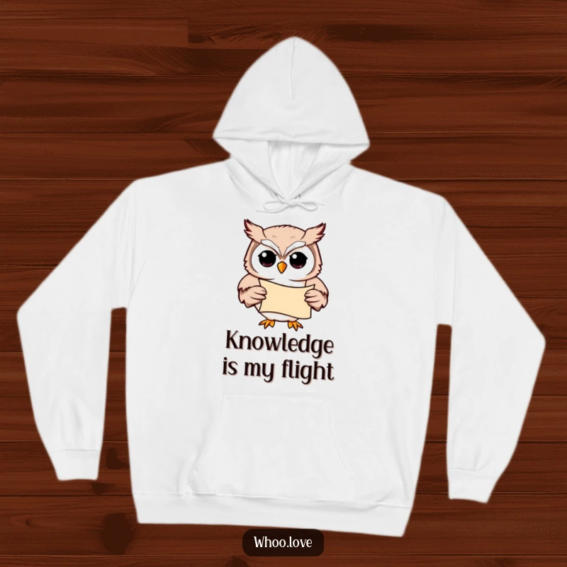 Funny Wise Owl Hoodie: A studious owl character clutching a scroll, radiating intelligence and a love for learning, in a comfortable design.