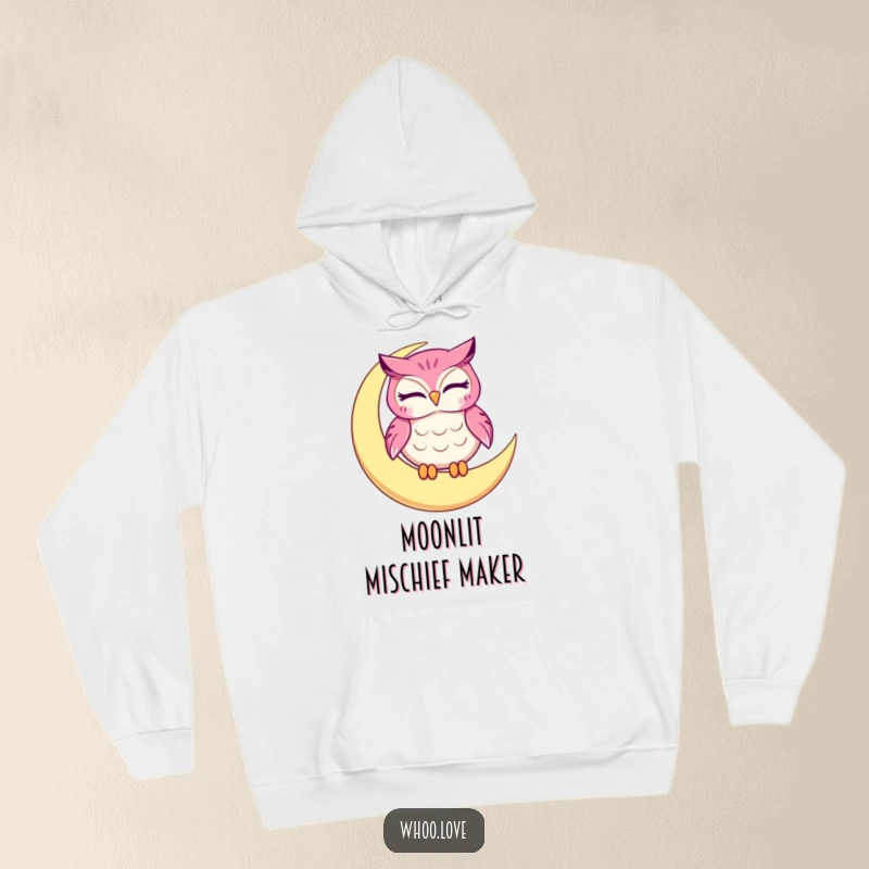 Funny owl hoodie, a winking character perched moon, soft and warm apparel for humorous night adventures.