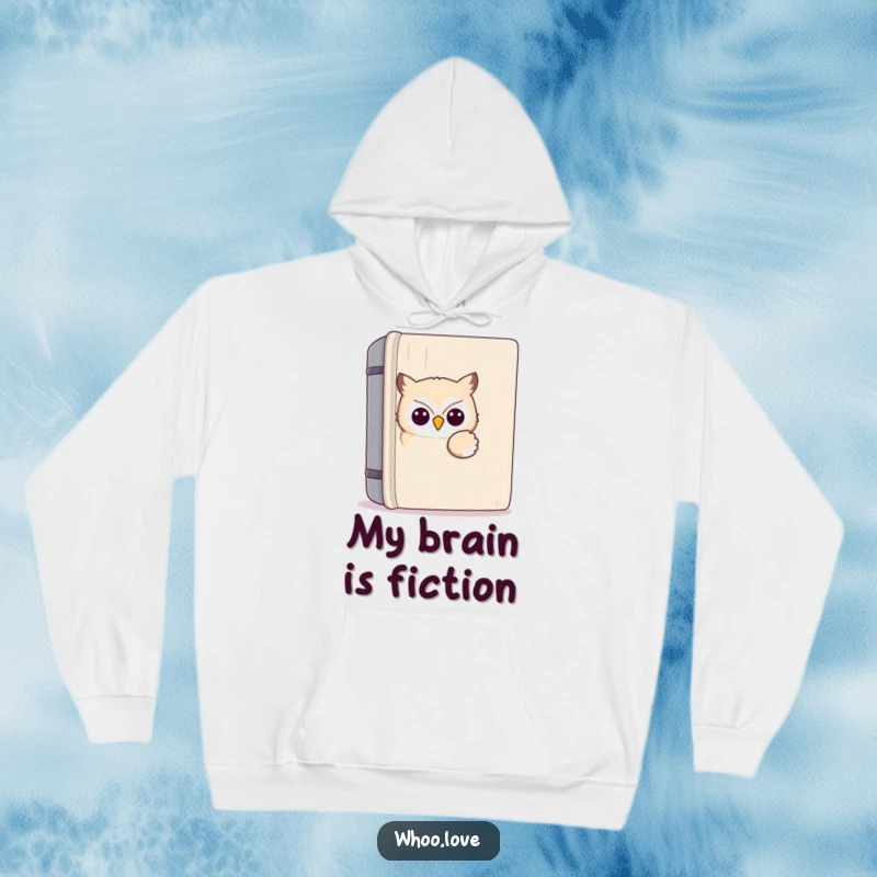 Funny kawaii owl hoodie with an adorable owl peeking from a large book, designed for book lovers seeking warmth and humor, a delightful gift.