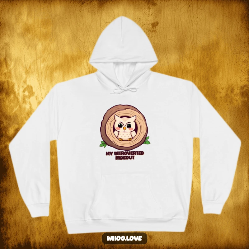 Funny Kawaii owl hoodie, peeking from a log with a gentle, shy smile. Cozy and funny gift.