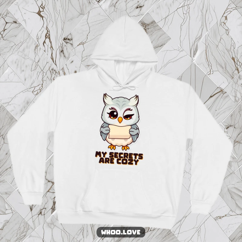 Funny owl with a wink holding a tiny scroll, cozy mischievous hoodie, ideal funny gift for secretive and wise individuals.