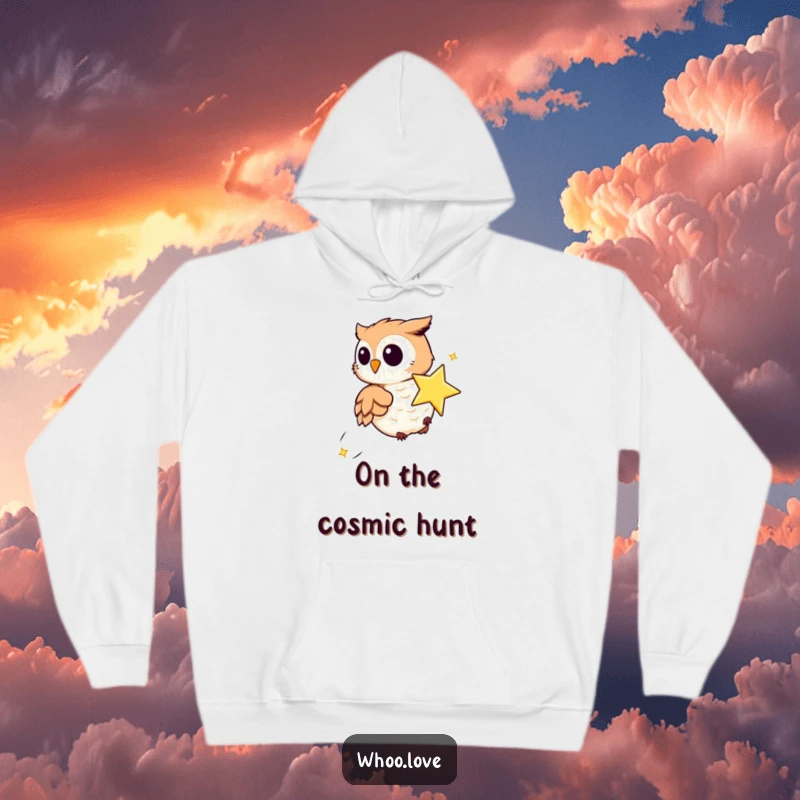 Funny hoodie with a playful owl chasing a bright, sparkling star, perfect for cozy nights filled with wonder and humor.