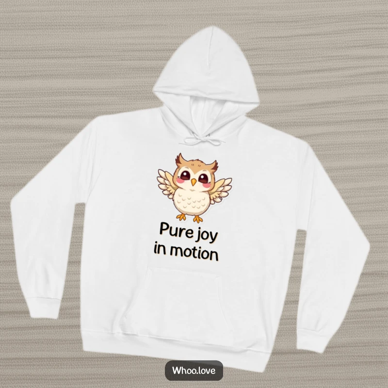 Funny hoodie featuring a playful owl character flapping its wings with pure joy, radiating happiness and energy, a funny gift.