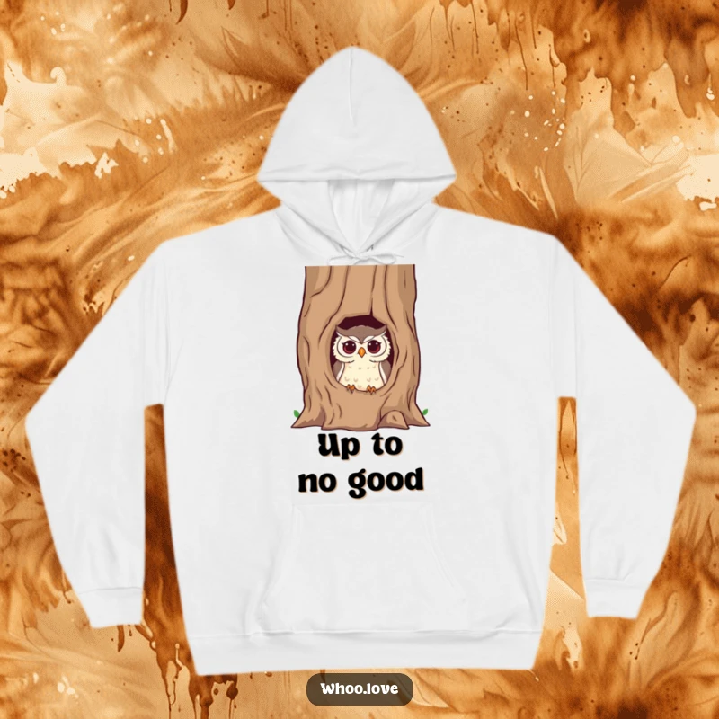 Funny owl hoodie showing a mischievous owl peeking from a hollow tree trunk, exuding playful secrets and cozy vibes.
