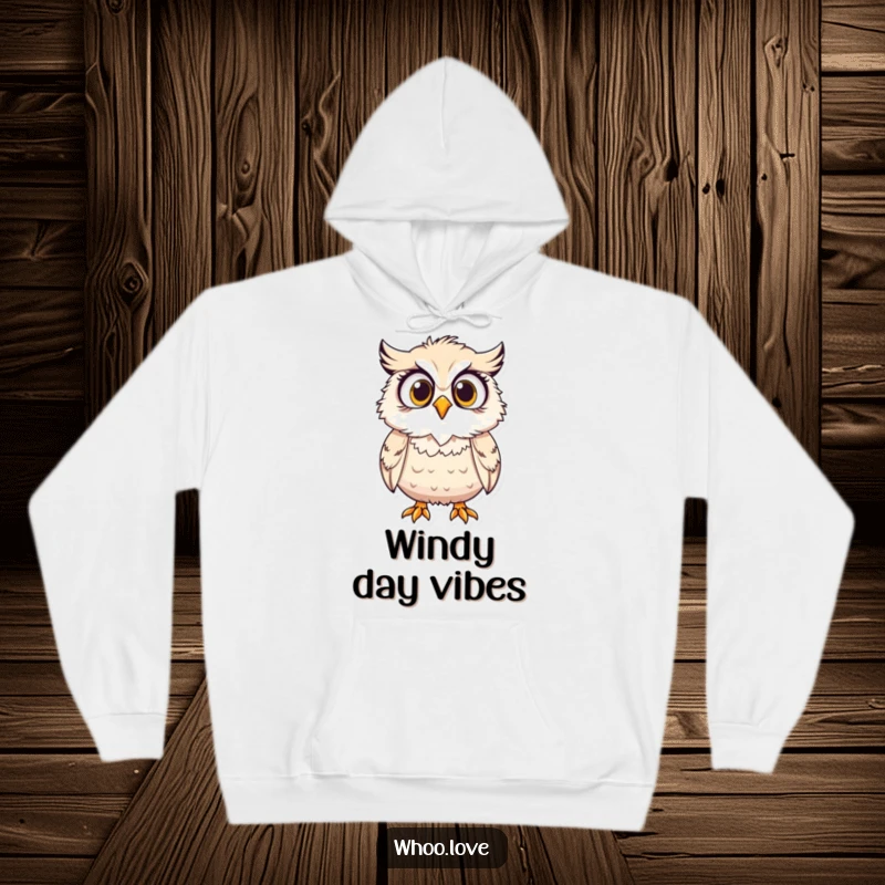 Funny hoodie, a surprised owl character with its feathers ruffled by wind, offering warmth and humor.