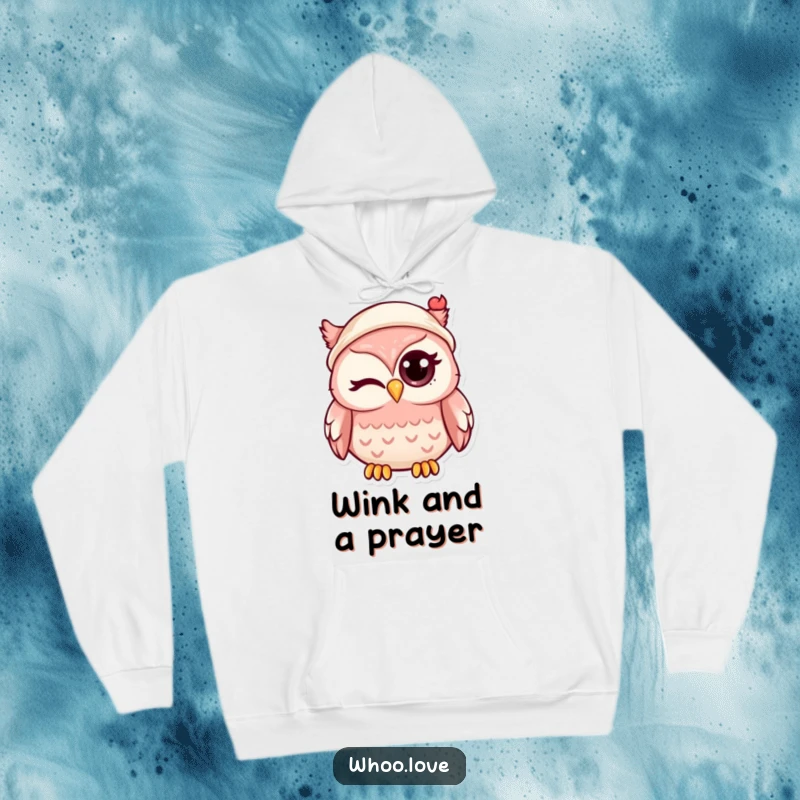 Funny kawaii owl winking slyly, wearing a tiny hat, on a warm and comfortable hoodie, perfect for cool weather.
