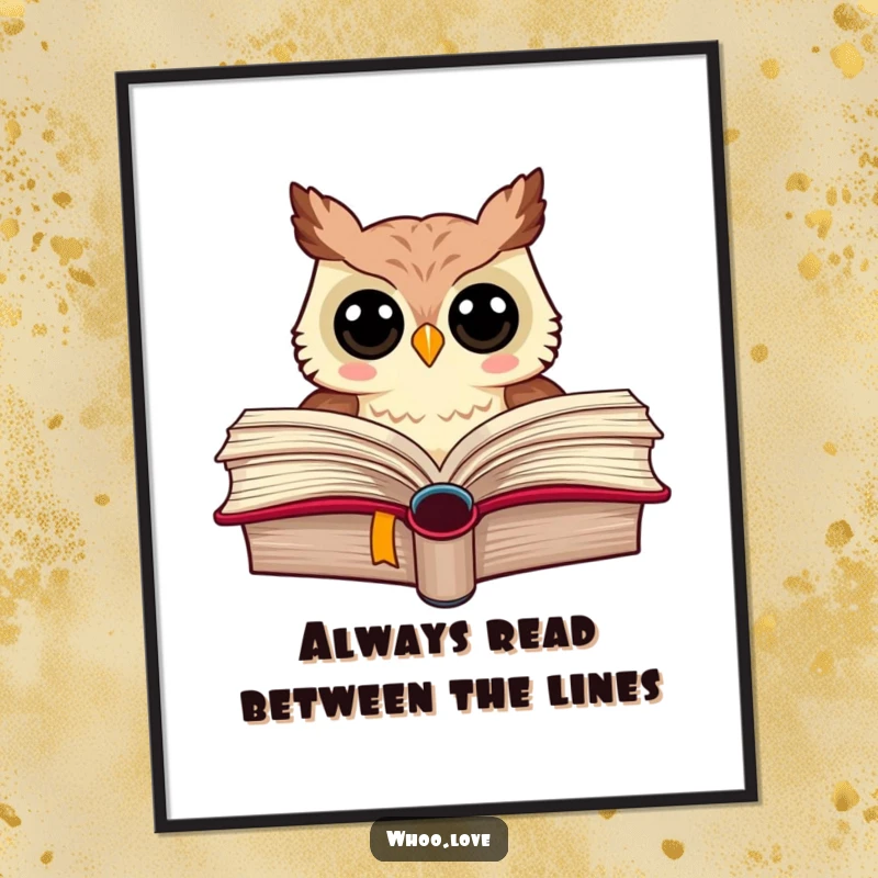 Funny free printable wall art: An owl with glasses peeks from behind a large tome, exuding intellectual charm.