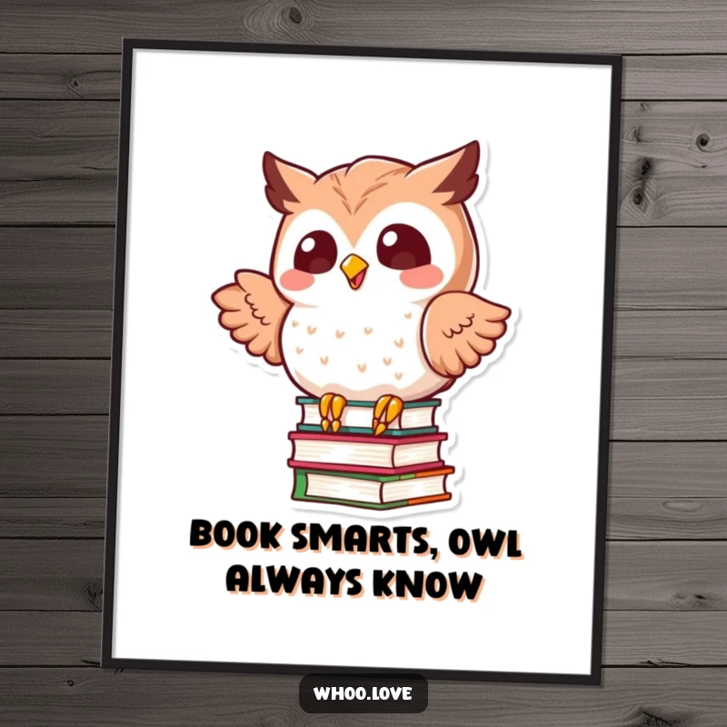 Funny Free Printable Wall Art featuring a kawaii owl comically trying to balance a huge and unstable stack of books.