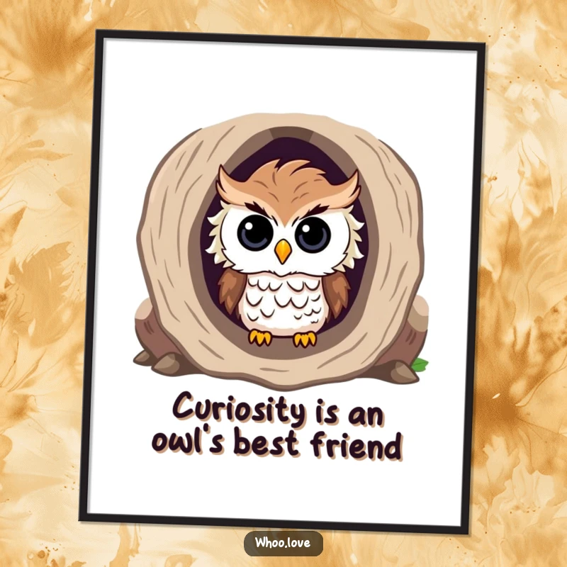 Funny Free Printable Wall Art: A curious owl with ruffled feathers peeking out from inside a hollow log, adding a playful touch.