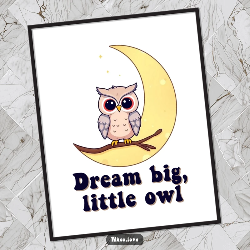 Free Printable Wall Art featuring a peaceful owl character perched elegantly on a crescent moon against a starry night
