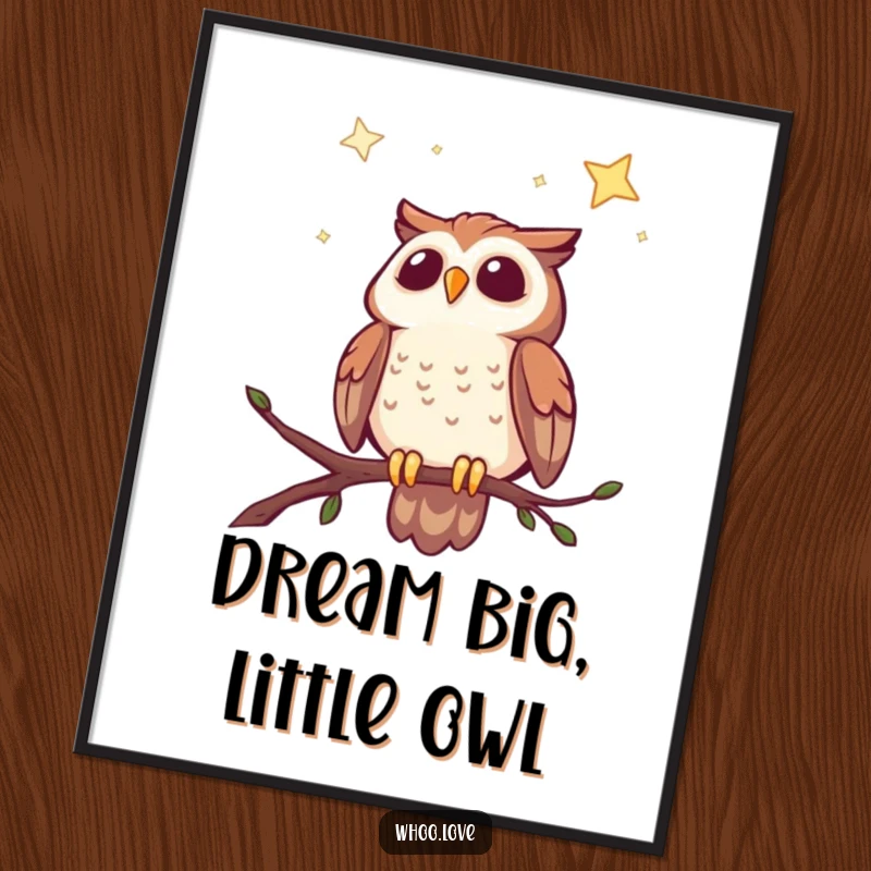 Funny Free Printable Wall Art: Cheerful owl perched on a branch, looking up with pure delight at a vast, shimmering starry night sky.