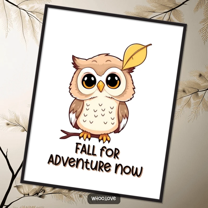 Funny Free Printable Wall Art featuring a curious owl tilting its head at a falling leaf, pensive downloadable decor for a thoughtful space.