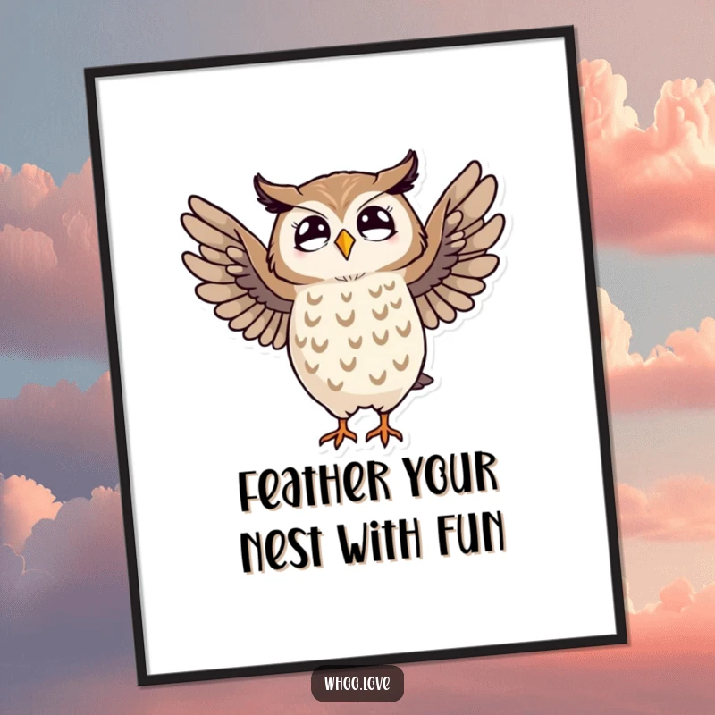 Funny Free Printable Wall Art: A stylized striped owl performing a comical dance with energetic wing movements, adding joy to any room.