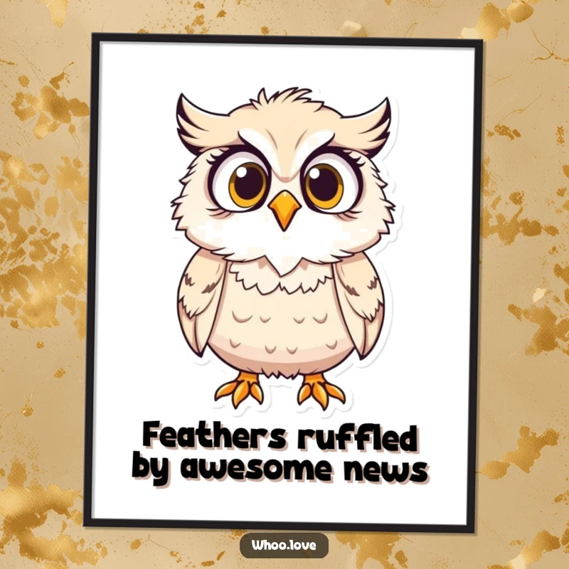 Funny Free Printable Wall Art: Surprised owl character with its feathers comically ruffled by an unseen wind.