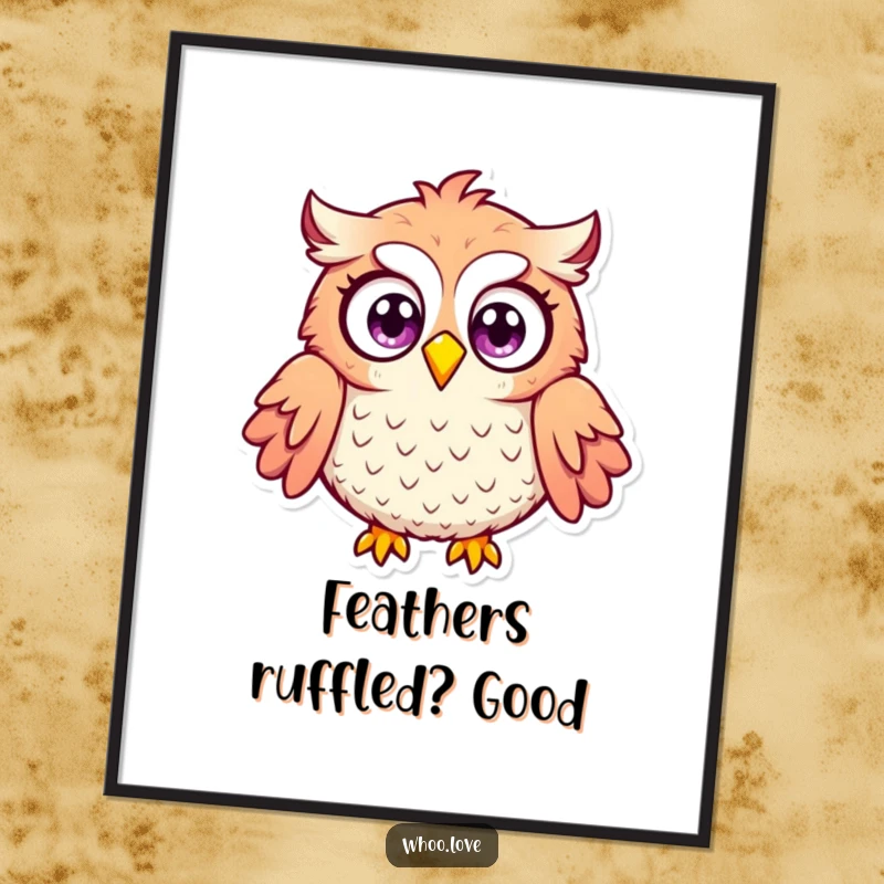 Funny Free Printable Wall Art of an owl with wide, surprised eyes and fully puffed feathers, a comical downloadable piece.